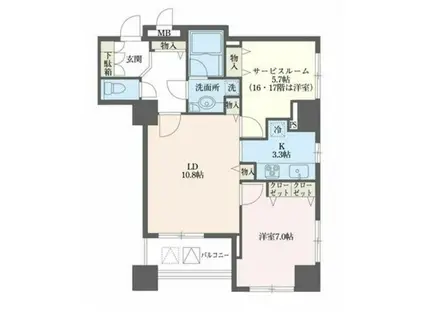 ドゥーエYOKOHAMA(1SLDK/13階)の間取り写真