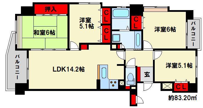 リヴィエール老松公園(4LDK/11階)の間取り写真