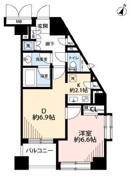 デュオスカーラ西麻布タワーイースト(1DK/2階)の間取り写真