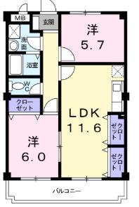 シャングリラ滝谷(2LDK/2階)の間取り写真