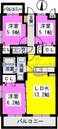 ディアコート須玖南(3LDK/3階)の間取り写真