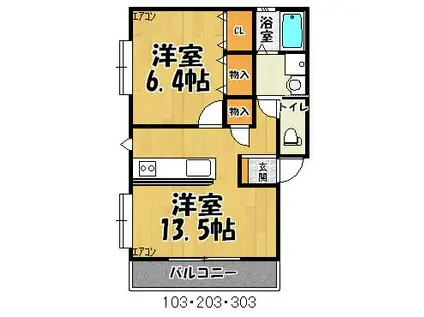 ネオハイツ上白川(1LDK/2階)の間取り写真