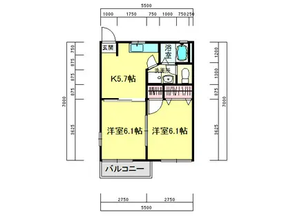 ベルテAリバーE棟(2K/1階)の間取り写真