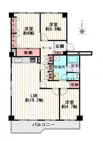 北柏ライフタウン4-1-2号棟(3LDK/6階)の間取り写真