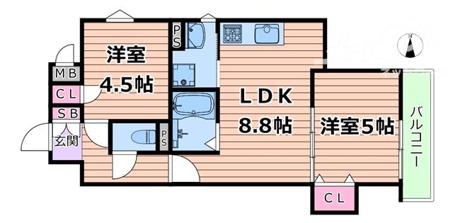 クリエオーレ一津屋I(2LDK/3階)の間取り写真