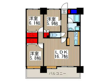 パークサイドハイツタケノヤ(3LDK/7階)の間取り写真