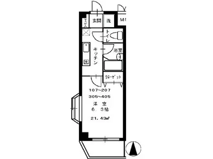 モカフラッツ(1K/4階)の間取り写真