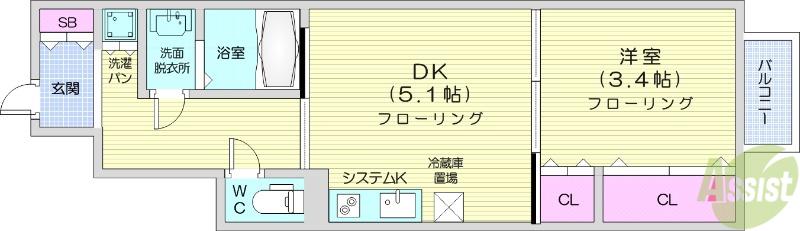 GRAND TERRACE長町南2(1DK/1階)の間取り写真