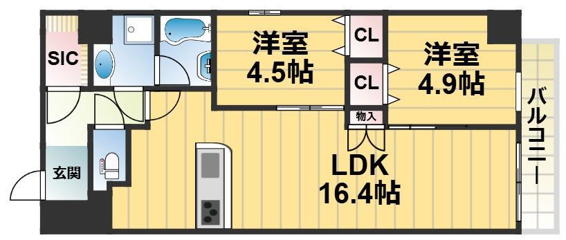 プレサンスNEO新深江リュミエル(2LDK/9階)の間取り写真
