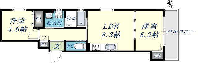 クリエオーレ菱江Ⅱ(2LDK/2階)の間取り写真