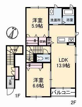 シャーメゾンタウン倉敷運動公園前 A(2LDK/2階)の間取り写真