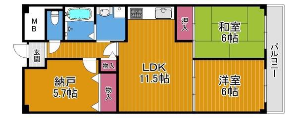 住道パークハイツ(2SLDK/5階)の間取り写真