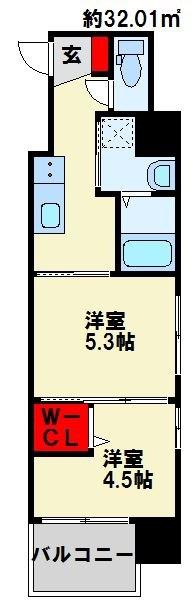 ラ・フェリス下到津(2K/9階)の間取り写真