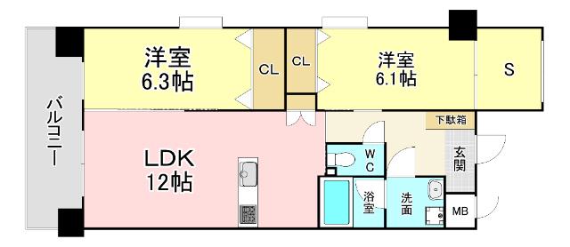 オーヴィジョンQULAS小倉金田(2SLDK/12階)の間取り写真