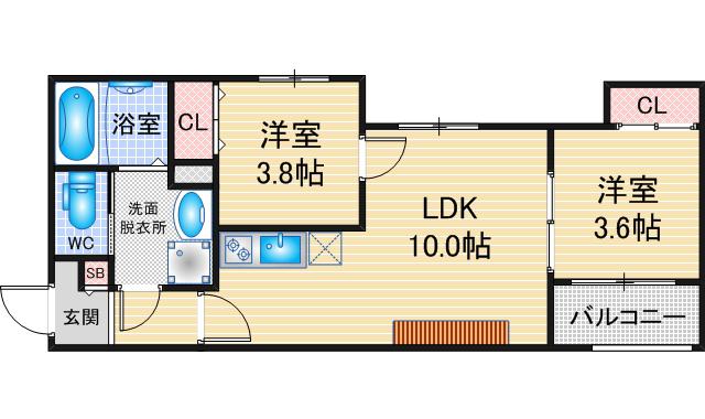 HARE COURT ARAKOGAWA PARK(2LDK/2階)の間取り写真