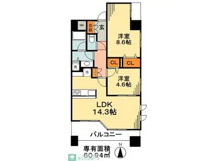 グランドハイライズ(2LDK/8階)の間取り写真