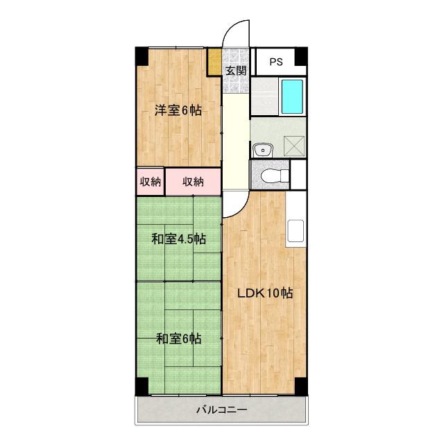 城北マンション(3LDK/4階)の間取り写真