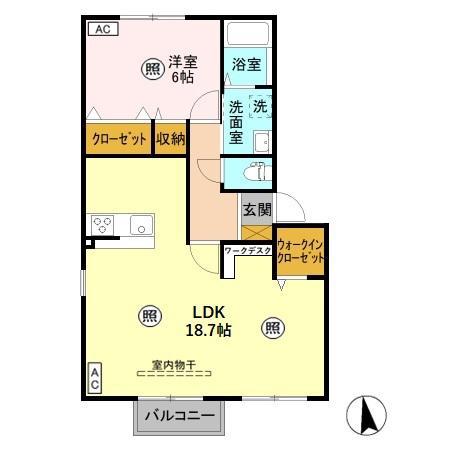 カーサソラーレB棟(1LDK/2階)の間取り写真