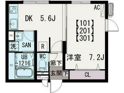 イクシオ子母口(1DK/3階)の間取り写真