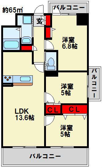 ソレアード苅田(3LDK/9階)の間取り写真