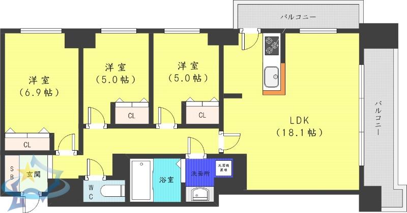 レジディア円山北5条(3LDK/13階)の間取り写真