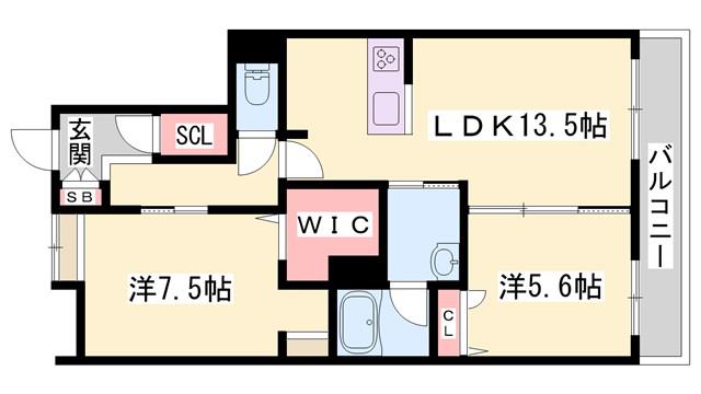 オカバ姫路岡町シャーメゾン A(2LDK/1階)の間取り写真