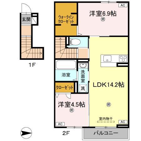 オリエンタルコート南田宮(2LDK/2階)の間取り写真