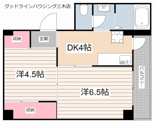 ヴィラナリー天神 1号棟(2DK/4階)の間取り写真