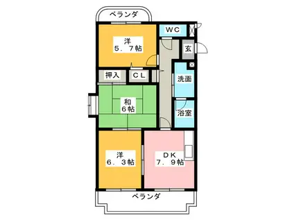 セントラルハイツ野瀬 ウエスト(3DK/8階)の間取り写真