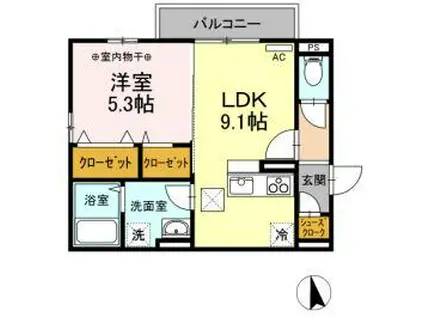 ユニヴェールE棟(1LDK/2階)の間取り写真