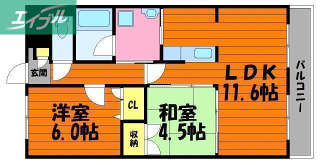 ルネス倉敷(2LDK/1階)の間取り写真