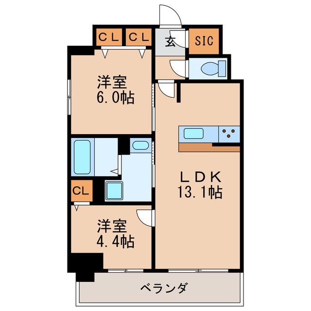 S-RESIDENCE高岳CLARITY(2LDK/14階)の間取り写真