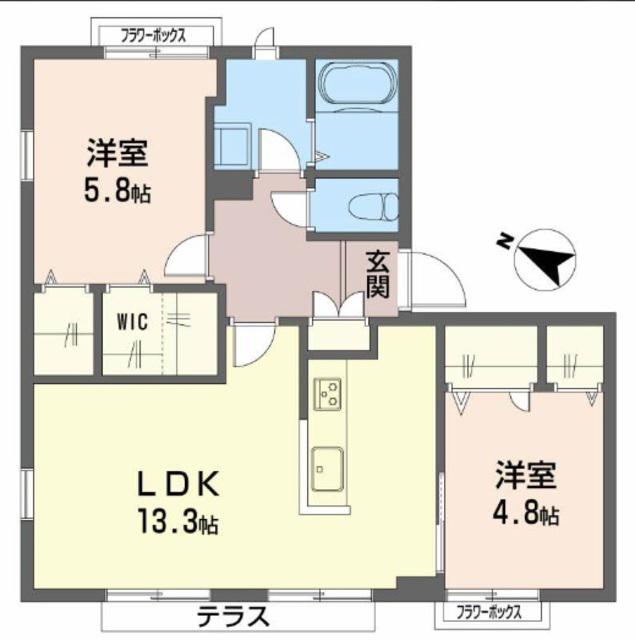 スカイハイツ植田 B棟(2LDK/1階)の間取り写真
