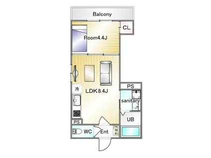 LIX神戸湊川(1LDK/3階)の間取り写真