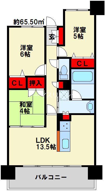 グランドキャッスル下到津(3LDK/12階)の間取り写真