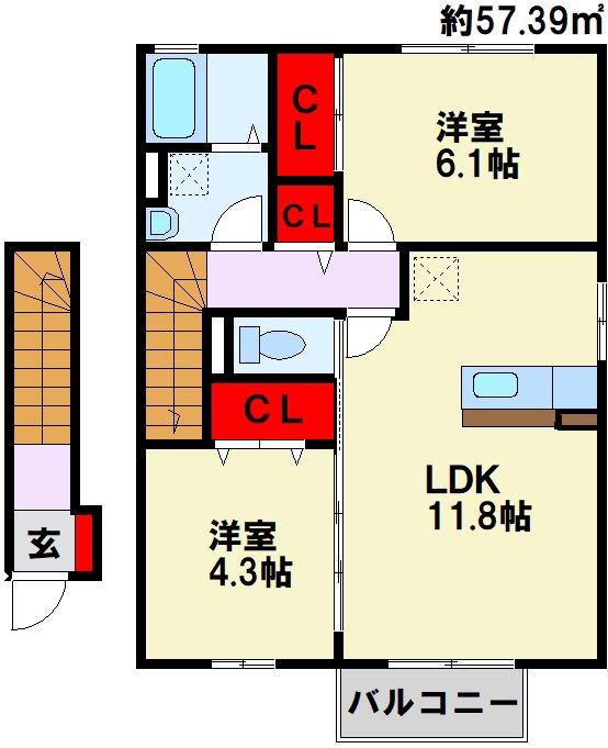 サニーヒルズ迫田(2LDK/2階)の間取り写真