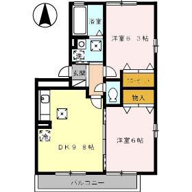 オークスK A棟(2DK/2階)の間取り写真