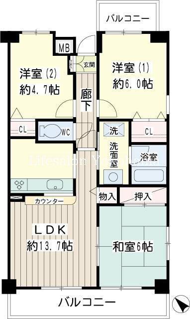 北寺尾大滝マンション(3LDK/4階)の間取り写真