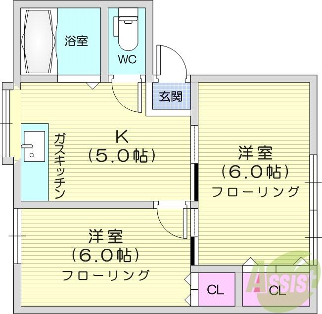 ブロンズバレーB棟(2K/1階)の間取り写真