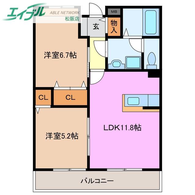 メリー・エンジェル(2LDK/2階)の間取り写真