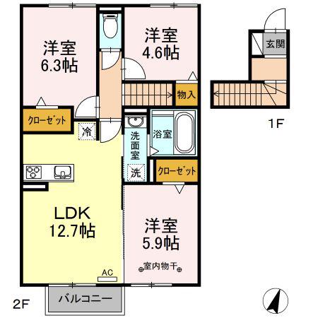 グランシャリオ穴橋 B棟(3LDK/2階)の間取り写真
