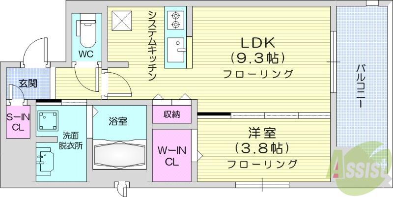 シーズンフラッツ仙台鉄砲町(1LDK/14階)の間取り写真