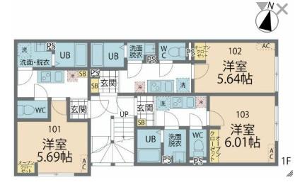 カインドネス本厚木ウエスト(1K/1階)の間取り写真