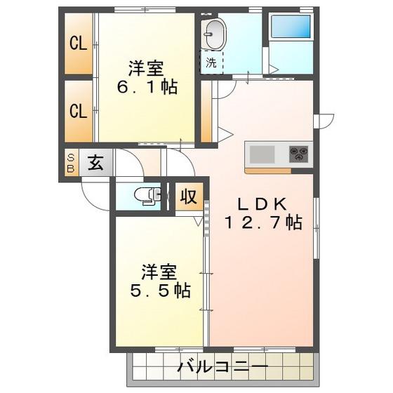 HILLS庄野 B棟(2LDK/2階)の間取り写真