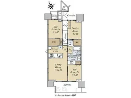 ガーデンハウス浦和仲町(2SLDK/5階)の間取り写真