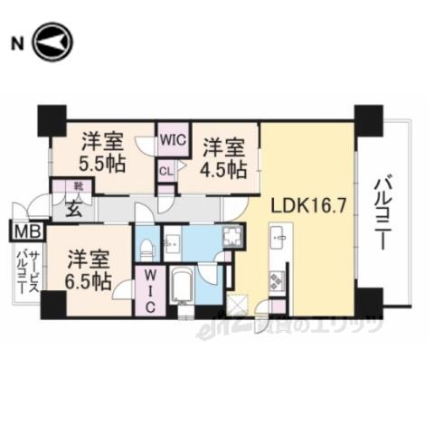 ユニハイム枚方牧野駅前(3LDK/9階)の間取り写真