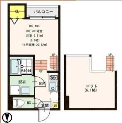 ハーモニーテラス河原町II(1K/2階)の間取り写真