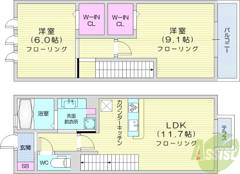 RAY ノース イースト LIBRARY A(2LDK/1階)の間取り写真