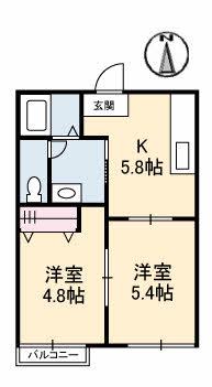 ヘイゼルハイツ A棟(2K/2階)の間取り写真