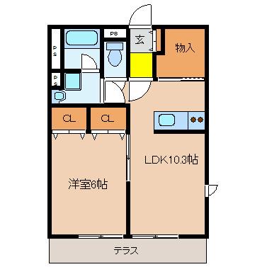 アムールD棟(1LDK/2階)の間取り写真